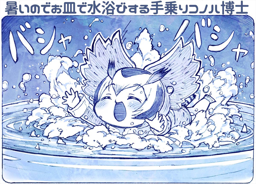 blue blush closed_eyes coat commentary_request dish eyebrows_visible_through_hair fur_collar head_wings kemono_friends minigirl monochrome multicolored_hair northern_white-faced_owl_(kemono_friends) open_mouth sakino_shingetsu short_hair smile splashing tail translation_request water