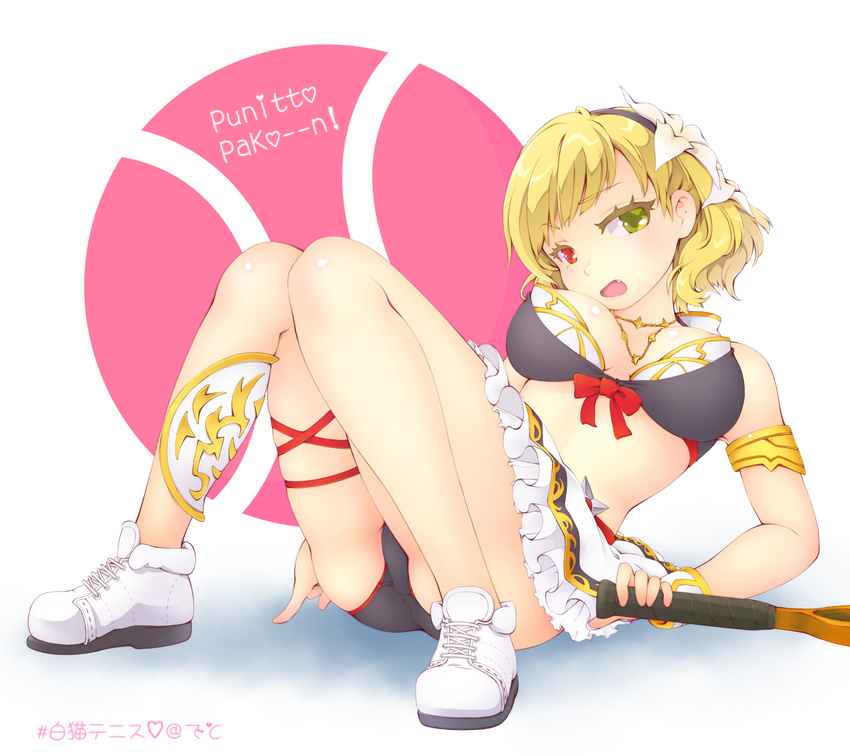 :d ass bare_shoulders blonde_hair breasts charlotte_(shironeko_project) cleavage deto fang green_eyes heterochromia highres looking_at_viewer medium_breasts open_mouth racket red_eyes shironeko_project shoes sitting skirt smile sneakers solo tennis_racket