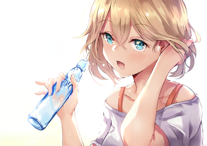 :d bangs bare_shoulders blonde_hair blue_eyes bottle collarbone eyebrows_visible_through_hair eyelashes fingernails hair_between_eyes hair_tousle hand_in_hair hands_up holding holding_bottle long_fingernails looking_at_viewer nakatokung off-shoulder_shirt open_mouth original shirt short_hair short_sleeves simple_background smile solo spaghetti_strap sweatdrop upper_body water_bottle white_background white_shirt