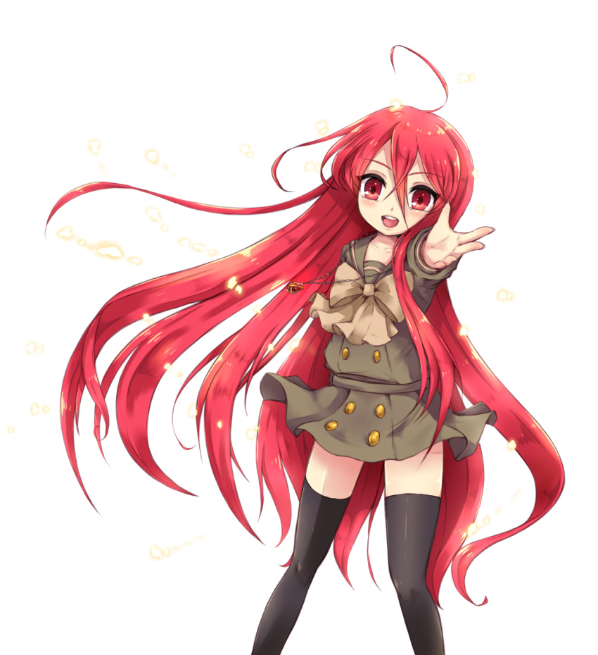 1girl :d ahoge alastor_(shakugan_no_shana) black_legwear bow collarbone floating_hair grey_bow grey_neckwear hair_between_eyes jewelry long_hair looking_at_viewer miniskirt necklace open_mouth ortensia_ix pleated_skirt red_eyes red_hair school_uniform shakugan_no_shana shana shiny shiny_clothes shiny_hair shirt short_sleeves simple_background skirt smile solo standing thighhighs very_long_hair white_background zettai_ryouiki