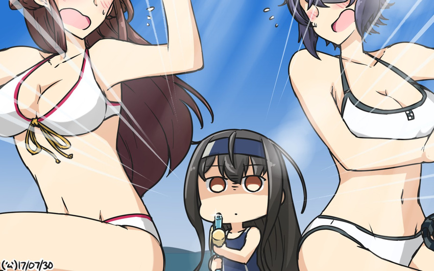 bikini black_hair blush breasts brown_eyes brown_hair commentary cosplay dated emphasis_lines empty_eyes front-tie_bikini front-tie_top hamu_koutarou hatsushimo_(kantai_collection) headband highres kantai_collection kongou_(kantai_collection) long_hair medium_breasts multiple_girls navel one-piece_swimsuit out_of_frame purple_hair remodel_(kantai_collection) shaded_face short_hair swimsuit tenryuu_(kantai_collection) water_gun white_bikini yamato_(kantai_collection) yamato_(kantai_collection)_(cosplay)