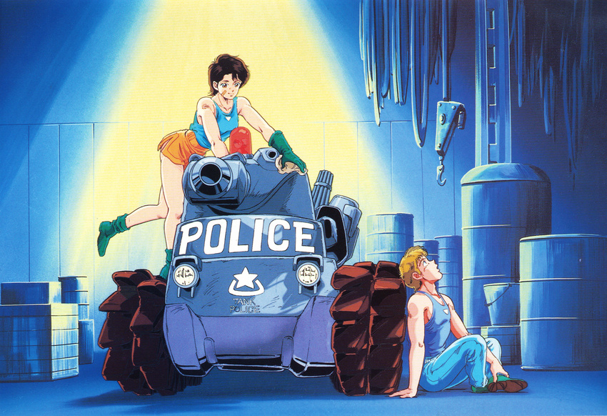 1girl 80s absurdres artist_request black_hair blonde_hair blue_eyes bonaparte_(tank) brown_eyes dominion ground_vehicle highres leona_ozaki military military_vehicle motor_vehicle official_art oldschool police scan short_hair tank tank_top