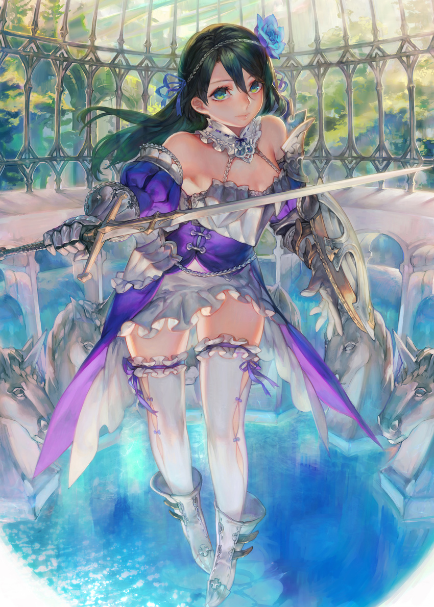 aoin armor bare_shoulders black_hair boots copyright_request flower green_eyes hair_flower hair_ornament highres light_smile long_hair shield solo sword thighhighs thighs weapon white_legwear