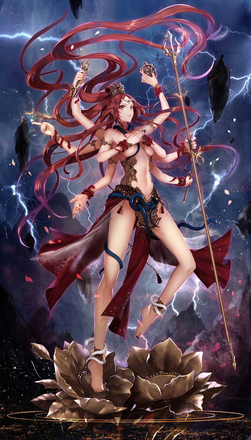 &gt;:( absurdres apt armlet armpits breasts brown_eyes closed_mouth commentary_request covering covering_breasts crown floating_hair floating_rock forehead_jewel frown full_body genderswap genderswap_(mtf) highres holding holding_weapon huge_filesize kundali_vidyaraja leg_up lightning lily_pad long_hair looking_at_viewer lotus_pedestal medium_breasts monster_girl multiple_arms mythology nail_polish navel original pelvic_curtain polearm red_hair revealing_clothes snake solo standing stomach trident v-shaped_eyebrows vajra_(object) very_long_hair weapon