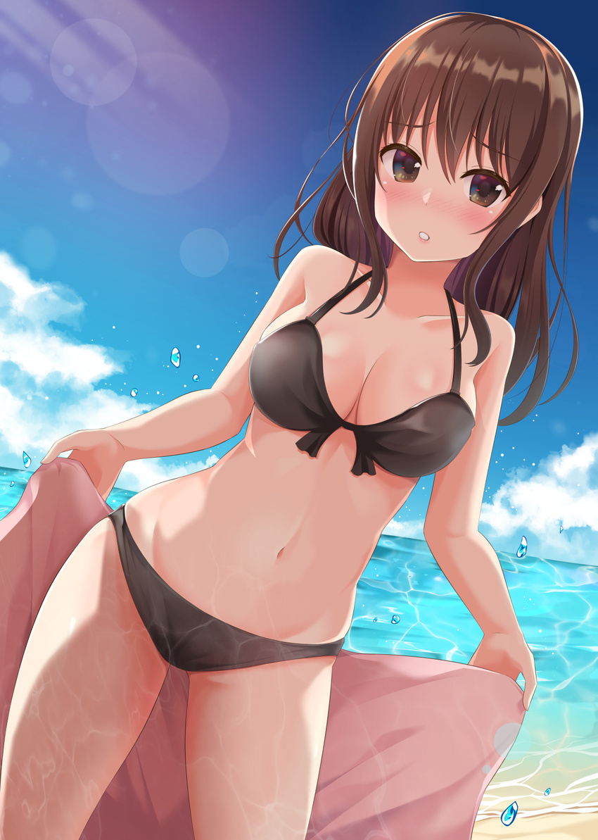 aibumi bangs beach bikini black_bikini blue_sky blush breasts brown_eyes brown_hair cloud cloudy_sky collarbone commentary_request day eyebrows_visible_through_hair hair_between_eyes highres holding holding_towel large_breasts lens_flare light_rays long_hair looking_at_viewer navel ocean original outdoors parted_lips sky solo standing sunbeam sunlight swimsuit thighs towel