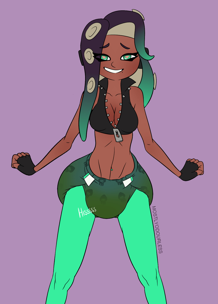 2017 big_breasts biped breasts cephalopod cleavage clothed clothing cloved crop_top diaper digital_media_(artwork) english_text female fingerless_gloves gloves green_eyes half-closed_eyes hi_res legwear marina_(splatoon) marine mollusk mostlyodourless navel navel_piercing nintendo octoling octopus octopus_humanoid open_mouth open_smile peeing piercing portrait shirt skimpy smile solo splatoon squid standing tentacle_hair tentacles text toony unzipped urine video_games wetting zipper