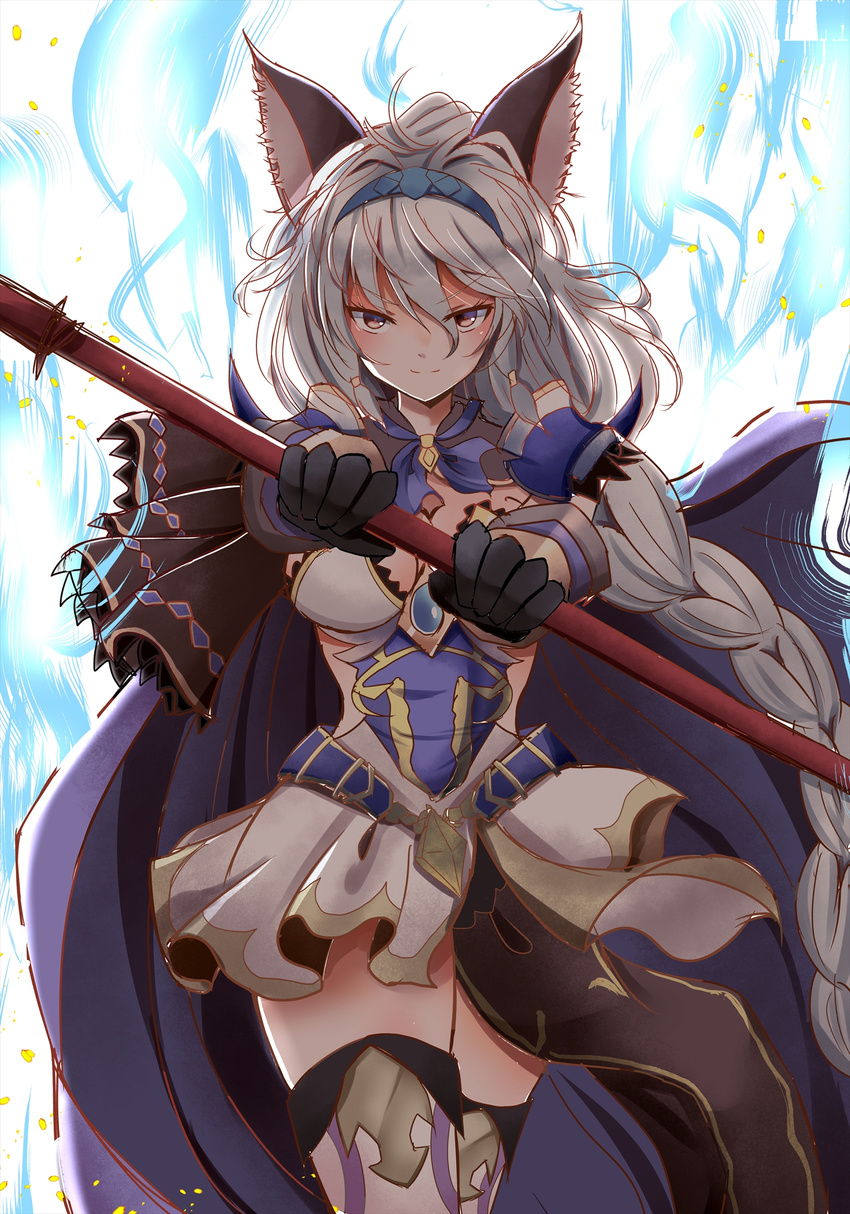 &gt;:) animal_ears armor armored_dress bangs blush braid breasts brown_eyes cape cat_ears cleavage closed_mouth commentary_request cowboy_shot dress erune granblue_fantasy hair_between_eyes hair_intakes hair_tubes hairband heles highres holding holding_weapon indo_(mdtanaka2007) long_hair looking_at_viewer medium_breasts short_dress silver_hair single_braid smile solo thighhighs v-shaped_eyebrows very_long_hair weapon white_dress