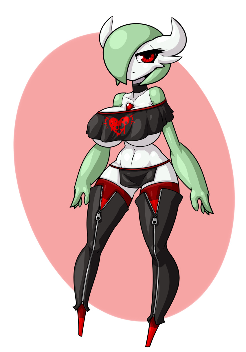big_breasts breasts clothed clothing curvaceous female gardevoir hair hair_over_eye hi_res legwear limebreaker looking_at_viewer nintendo pok&eacute;mon pok&eacute;mon_(species) solo standing thick_thighs thigh_gap thigh_highs under_boob underwear video_games wide_hips