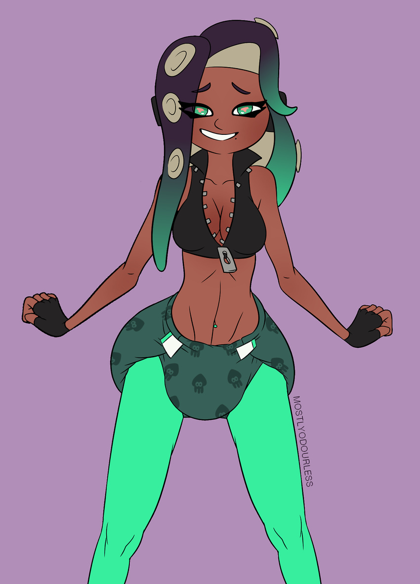 2017 big_breasts biped breasts cephalopod cleavage clothed clothing cloved crop_top diaper digital_media_(artwork) female fingerless_gloves gloves green_eyes half-closed_eyes hi_res legwear marina_(splatoon) marine mollusk mostlyodourless navel navel_piercing nintendo octoling octopus octopus_humanoid open_mouth open_smile piercing portrait shirt skimpy smile solo splatoon squid standing tentacle_hair tentacles toony unzipped video_games zipper