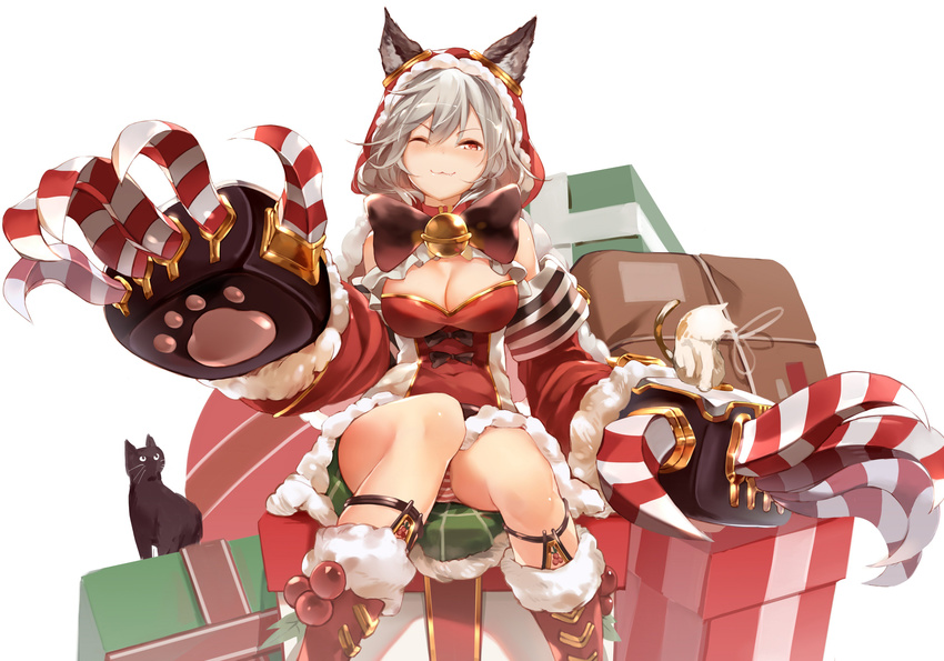 ;3 absurdres animal_ears bell boots bow bowtie box breasts bright_pupils cat claws cleavage collar covered_navel detached_sleeves dress fang_out frill_trim fur_trim gift gift_box granblue_fantasy hair_between_eyes hana_mori highres hood hoodie jingle_bell large_breasts looking_at_viewer panties pantyshot pantyshot_(sitting) pink_eyes red_legwear sen_(granblue_fantasy) short_dress silver_hair sitting solo striped striped_panties underwear