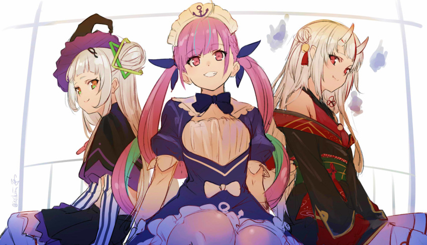 3girls ahoge anchor_symbol bangs bell black_capelet black_hat black_skirt blue_hair blunt_bangs capelet closed_mouth commentary eyebrows_visible_through_hair green_eyes grin hair_bell hair_bun hair_ornament hat highres hololive horns isshiki_(ffmania7) japanese_clothes long_hair long_sleeves looking_at_viewer maid maid_headdress midriff minato_aqua multicolored multicolored_eyes multicolored_hair multiple_girls murasaki_shion nakiri_ayame oni oni_horns puffy_short_sleeves puffy_sleeves purple_eyes purple_hair red_eyes ribbon short_sleeves shoulders silver_hair sitting sketch skirt smile star streaked_hair striped thighhighs tilted_headwear twintails vertical_stripes virtual_youtuber witch_hat yellow_eyes