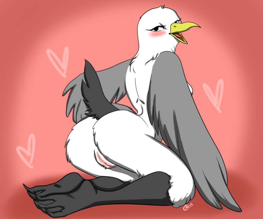 &lt;3 2015 3_toes anthro arched_back avian beak bedroom_eyes biped bird bird_feet black-legged_kittiwake black_eyes black_feathers black_tail blush breasts butt digital_drawing_(artwork) digital_media_(artwork) eyelashes feathered_wings feathers featureless_breasts female full-length_portrait grey_feathers grey_wings half-closed_eyes hand_on_hip kittiwake kneeling looking_back multicolored_feathers non-mammal_breasts nude open_beak open_mouth open_smile pink_background pink_pussy pink_tongue portrait presenting presenting_hindquarters pussy rear_view rileyserenity seagull seductive side_boob simple_background small_waist smile solo tail_feathers toes tongue two_tone_feathers webbed_feet white_feathers winged_arms wings yellow_beak