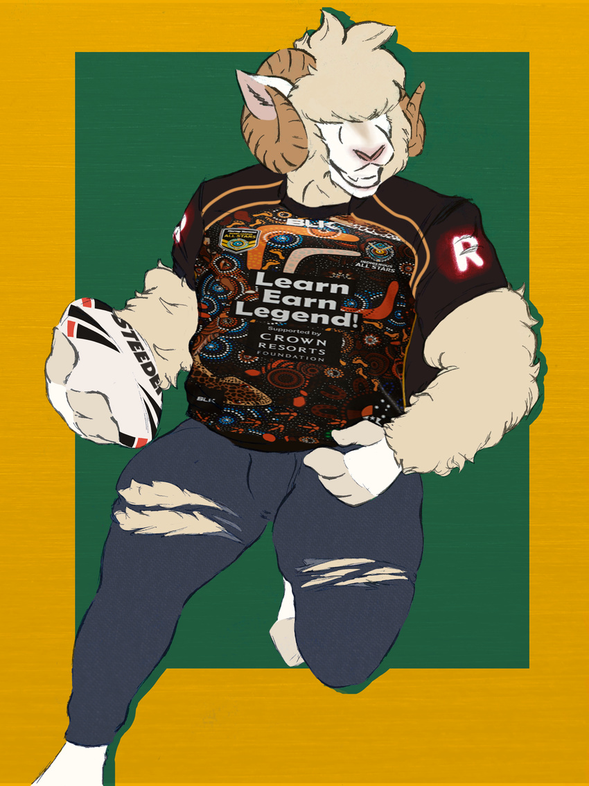 anthro badweave ball barefoot bowen_whitehooves caprine clothing digital_media_(artwork) fluffy fur hi_res holding_ball holding_object male mammal merino rugby rugby_ball sheep shirt simple_background smile solo standing white_fur wool