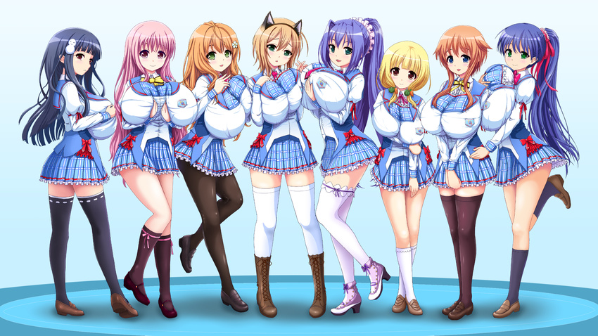 black_hair blonde_hair blue_eyes blush breast_hold breast_press breast_suppress btk cat_ears frills green_eyes hair_ornament hair_ribbon hinagata_kobato huge_breasts izunae_meiri komachi_mifuyu looking_at_viewer mashita_urara multiple_girls open_mouth oukido_emu pink_eyes pink_hair purple_hair red_eyes ribbons school_uniform shidou_maki smile squeez uesaka_ayane wakana_misaki