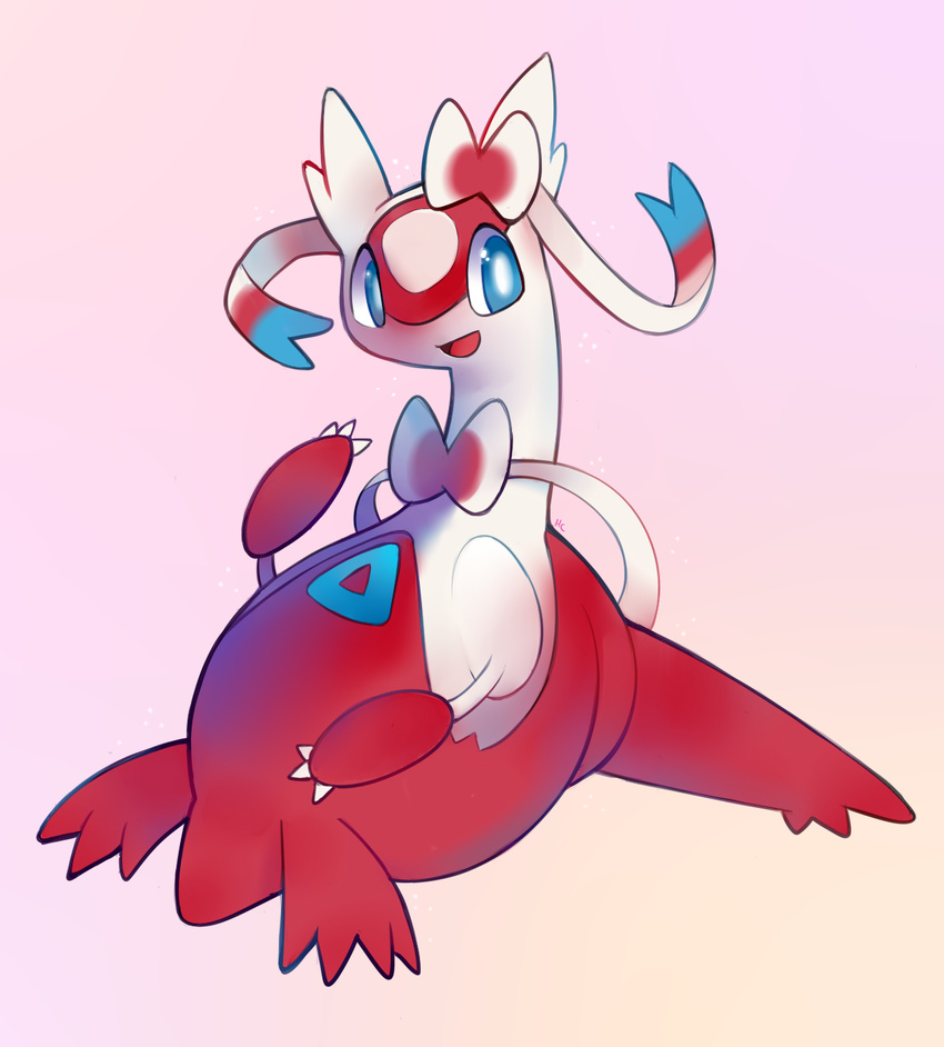 2015 alternate_species ambiguous_gender blue_eyes cute digital_media_(artwork) dragon eeveelution feathers feral fusion gradient_background hair_bow hair_ribbon happycrumble hi_res latias legendary_pok&eacute;mon nintendo open_mouth pok&eacute;mon pok&eacute;mon_fusion red_feathers ribbons scalie simple_background solo sylveon tongue video_games white_feathers