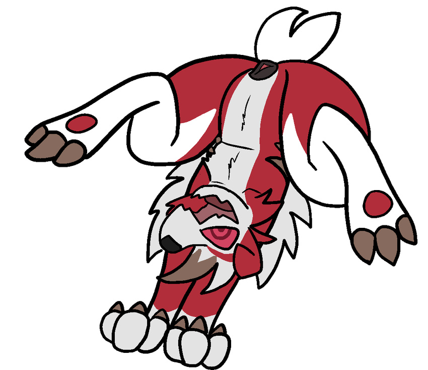 anatomically_correct anatomically_correct_pussy canine female fur invalid_background lycanroc mammal midnight_lycanroc nintendo pok&eacute;mon pussy red_eyes red_fur solo tongue tongue_out trout_(artist) video_games white_fur