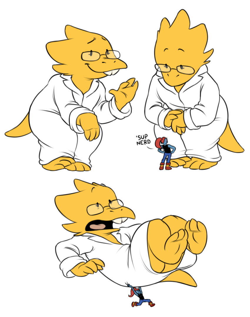 alphys anthro buckteeth dialogue duo eyewear female female/female fish glasses hair hands_on_hips happy holding_character larger_female lifting marine micro open_mouth ponytail red_hair reptile running scalie scarfofsilver size_difference slightly_chubby smaller_female smile surprise teeth text translucent undertale undyne video_games