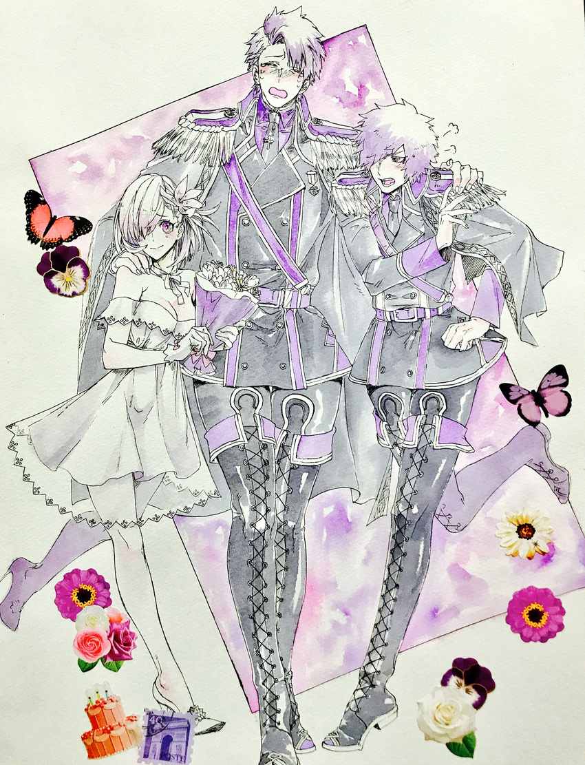 2boys artist_request black_footwear boots bug butterfly check_commentary commentary commentary_request cross-laced_footwear crying dress family fate/grand_order fate_(series) father_and_daughter father_and_son flower galahad_(fate) hair_over_one_eye highres insect lace-up_boots lancelot_(fate/grand_order) mash_kyrielight multiple_boys purple_hair short_hair thigh_boots thighhighs white_dress