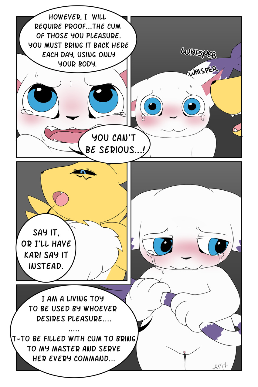 black_sclera blackmail blue_eyes blush cat comic dialogue digimon english_text feline female fur gatomon humiliation mammal open_mouth pussy renamon slimefur smile tears teeth text tongue tuft white_fur yellow_fur