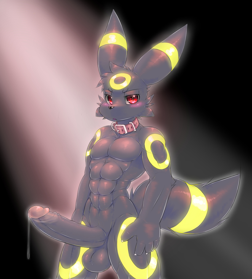 2017 abs anthro balls big_penis black_balls black_fur black_nose blush collar eeveelution erection foreskin fur glans glossy_glans keron looking_at_viewer male muscular muscular_male nintendo nude pecs penis pok&eacute;mon precum pvt._keron red_eyes shiny simple_background solo standing umbreon uncut video_games yellow_fur