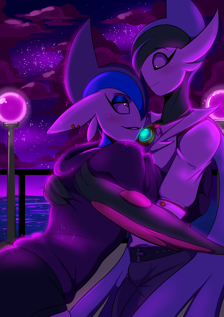2017 absurd_res blush clothed clothing digital_media_(artwork) duo gabberstagged gallade girly green_hair hair hi_res humanoid makeup male male/male mega_evolution mega_gallade nintendo not_furry pok&eacute;mon red_eyes video_games vincent_(character)