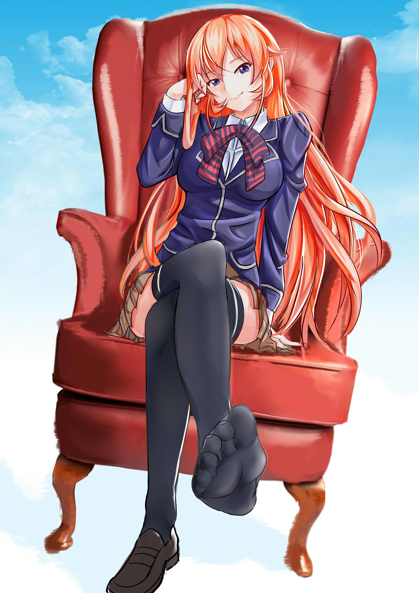 1girl arm_chair arm_support black_legwear feet highres legs_crossed loafers long_hair looking_at_viewer nakiri_erina orange_hair pov purple_eyes school_uniform shoes_removed shokugeki_no_souma single_shoe smile soles toes