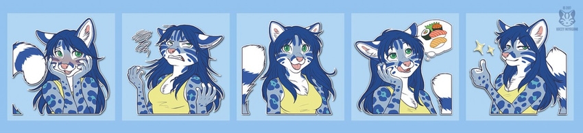 2017 annoyed blue_fur blue_hair blush feline female food frustrated fur green_eyes hair happy hungry hybrid kacey leopard long_hair looking_at_viewer mammal mood moods open_mouth pink_nose serval snow_leopard stickers sushi teeth telegram thought_bubble thumbs_up tongue tongue_out