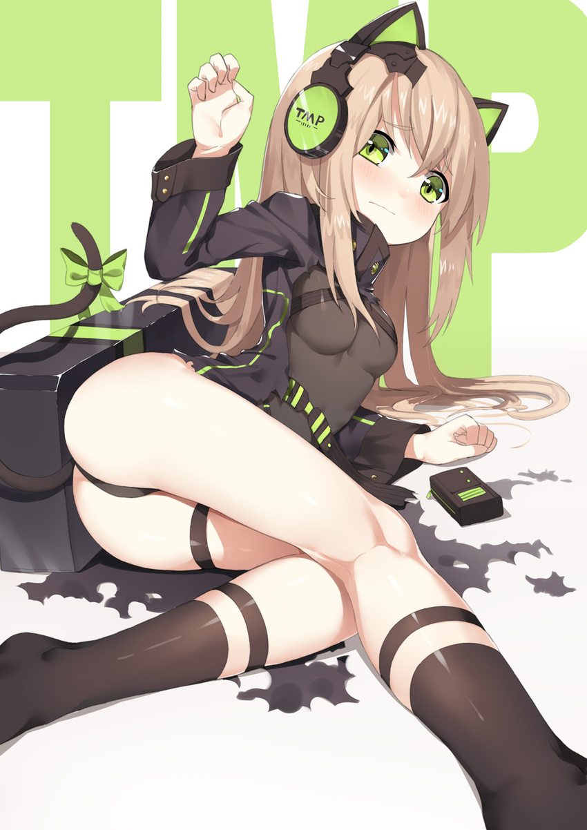 arm_support ass bangs black_legwear black_leotard blush bow breasts brown_hair cat_ear_headphones character_name closed_mouth commentary girls_frontline green_bow green_eyes green_ribbon hand_up headphones highres kneehighs legs leotard long_hair looking_at_viewer lying magazine_(weapon) on_side ribbon sh_(562835932) sidelocks small_breasts solo tail tail_bow tail_ribbon thigh_strap thighs tmp_(girls_frontline)