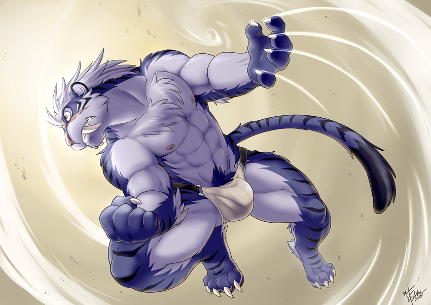 2015 4_toes 5_fingers abs absurd_res anthro athletic biceps black_fur blue_fur bulge chest_tuft claws clothed clothing digital_media_(artwork) dipstick_tail fangs feline fur grey_fur hi_res male mammal multicolored_fur multicolored_tail muscular muscular_male nipples paws pecs pink_nose red_eyes saber-toothed_cat sabertooth_(feature) scar solo speedo stripes swimsuit takemoto_arashi teeth tiger toe_claws toes topless tuft underwear