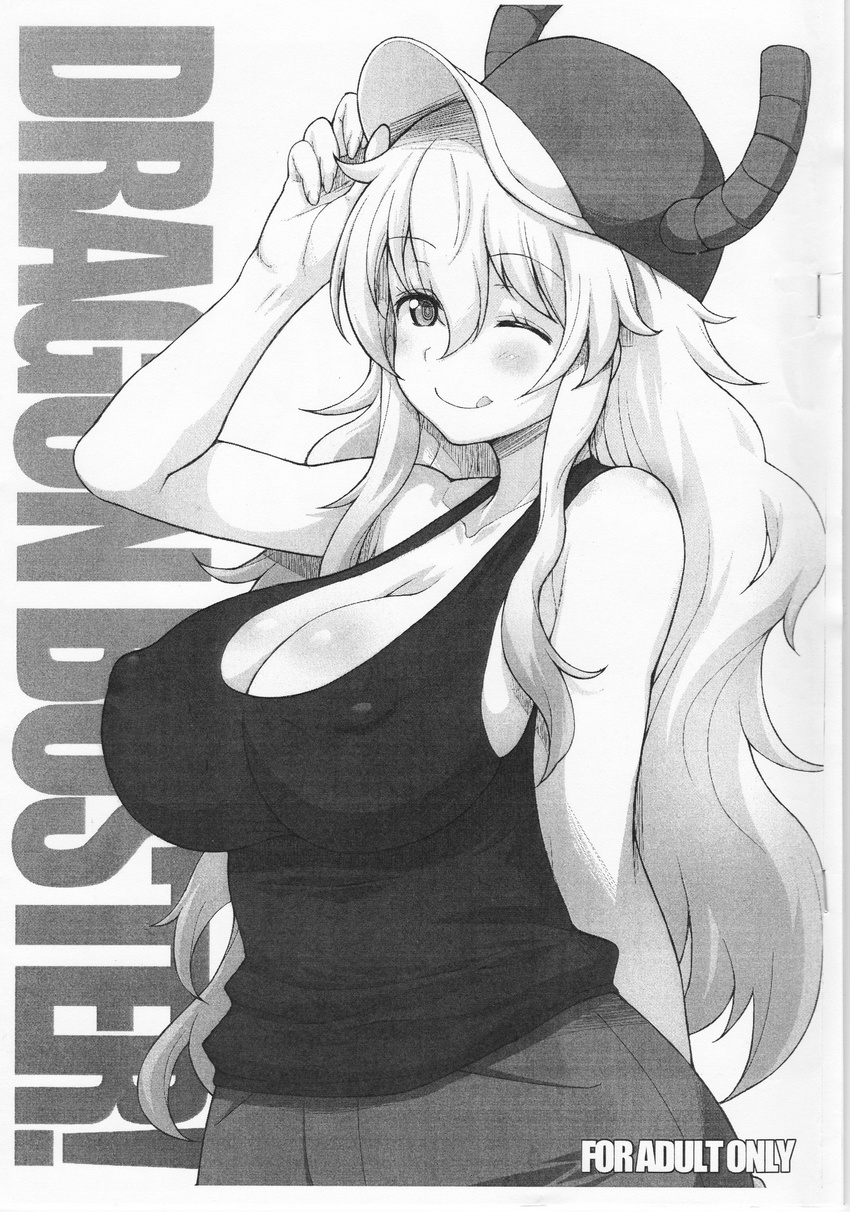 1girl artist_request bare_shoulders breasts cleavage curvy doujin_cover erect_nipples huge_breasts kobayashi-san_chi_no_maidragon long_hair looking_at_viewer monochrome one_eye_closed quetzalcoatl_(maidragon) scan smile solo tongue tongue_out upper_body wink