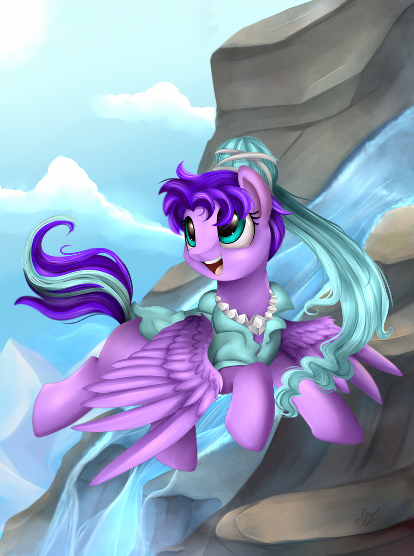 clothed clothing detailed_background equine fan_character feathered_wings feathers hair mammal my_little_pony open_outh outside pegasus pridark purple_eyes purple_feathers purple_hair smile solo teeth tongue wings