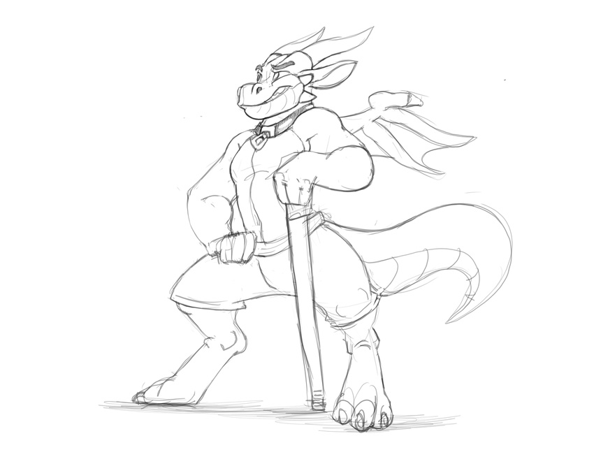 clothed clothing dragon furfragged male monochrome scalie simple_background sketch topless walking_stick wings