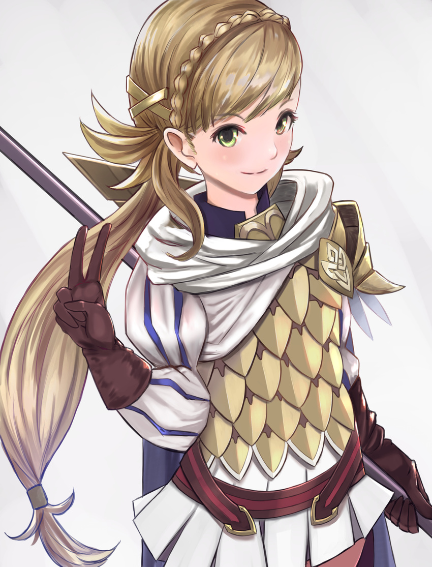 armor blonde_hair blue_cape braid brown_gloves cape fire_emblem fire_emblem_heroes french_braid gloves green_eyes hair_ornament highres long_hair looking_at_viewer miniskirt pleated_skirt polearm sharena simple_background skirt smile solo tark1122 v weapon x_hair_ornament