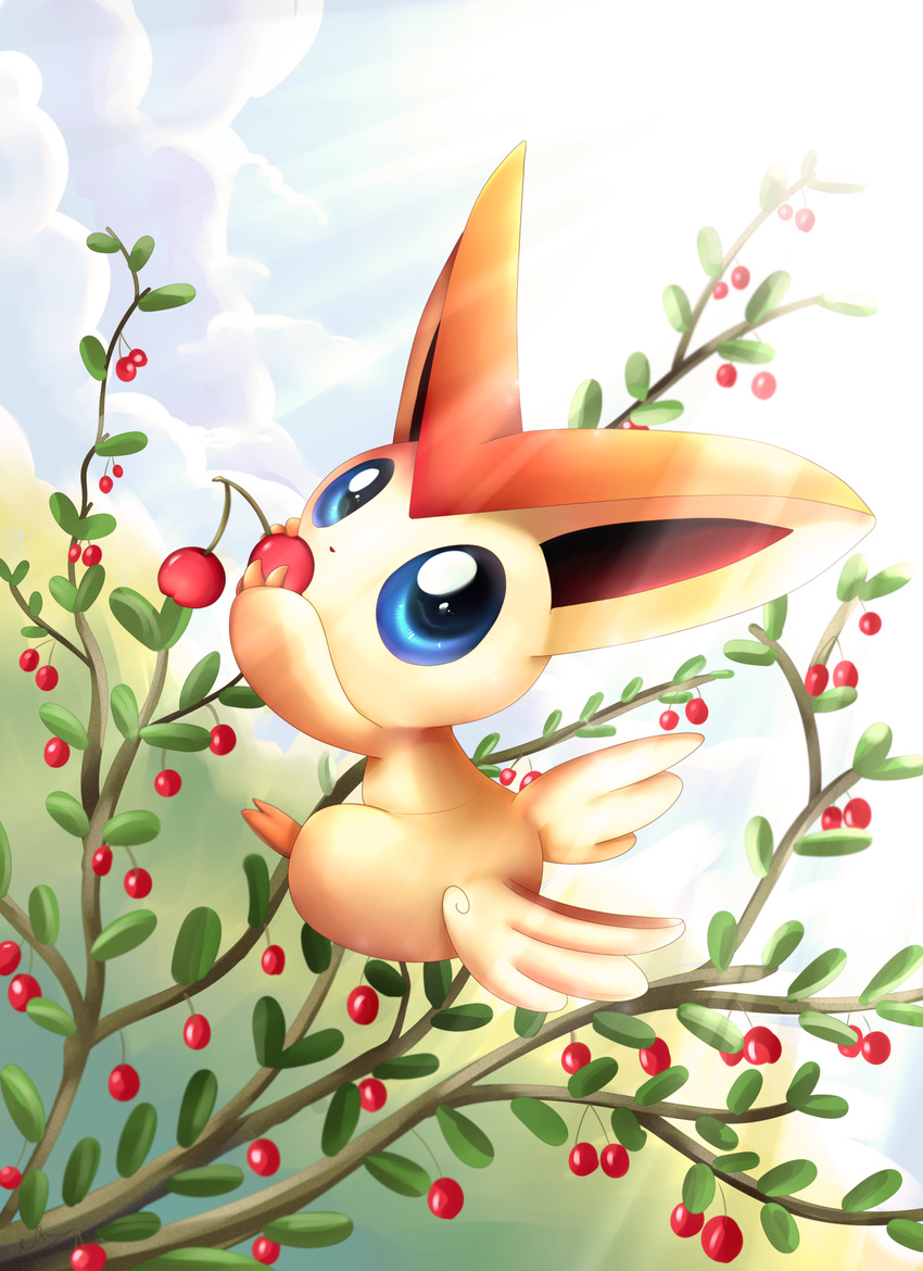 blue_eyes cherry detailed_background food fruit legendary_pok&eacute;mon nintendo outside pok&eacute;mon pridark sky solo victini video_games