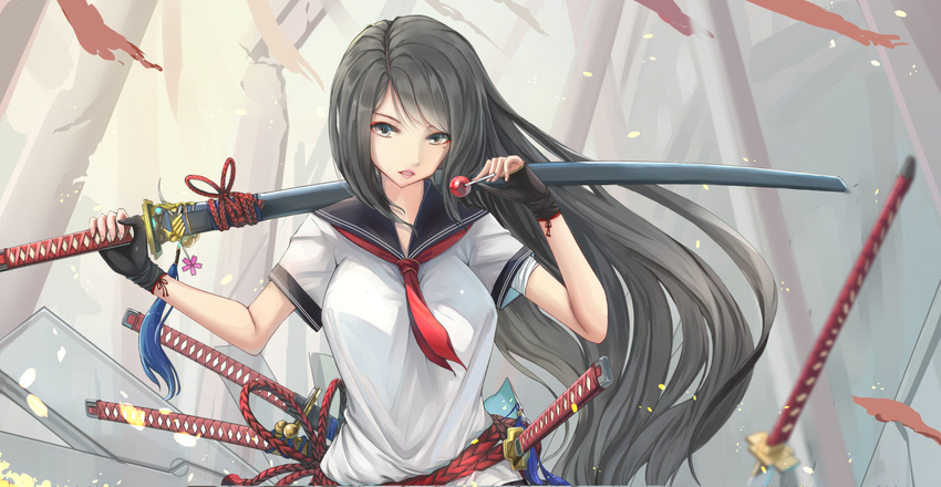 black_eyes black_hair blurry blurry_background candy food gloves half_gloves highres kikivi lollipop long_hair looking_at_viewer original school_uniform serafuku solo standing sword weapon