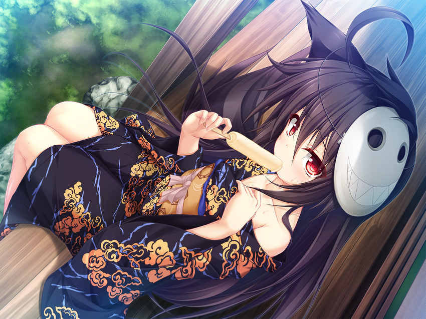ahoge animal_ears bangs bare_shoulders black_hair black_kimono commentary_request day eyebrows_visible_through_hair food food_in_mouth fox_ears hair_between_eyes hands_up highres holding holding_food japanese_clothes kimono legs_together long_hair looking_at_viewer mask mask_on_head mizunoe_kotaru obi original outdoors red_eyes sash side_slit sitting solo thighs very_long_hair