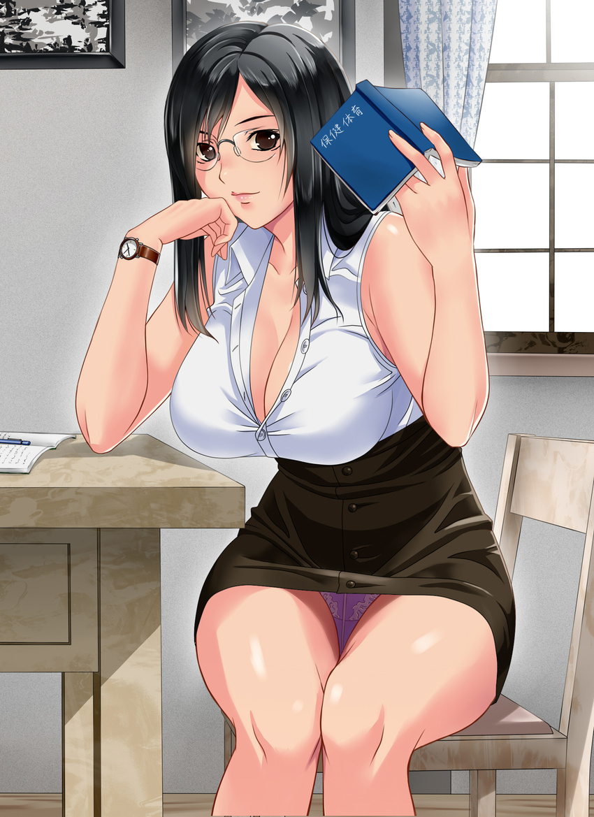 bare_arms bare_shoulders bespectacled black_hair book breasts brown_eyes brown_hair brown_skirt buttons chair chin_rest cleavage closed_mouth collarbone cowboy_shot crotch_seam curtains day final_fantasy final_fantasy_vii fingernails glasses hands_up highres holding holding_book indoors knees_together_feet_apart lace lace_panties large_breasts legs long_fingernails long_hair looking_at_viewer miniskirt notebook panties panties_under_pantyhose pantyhose pantyshot pantyshot_(sitting) pen pencil_skirt picture_frame pink_lips purple_panties revision rimless_eyewear sheer_legwear shirt sitting sitting_sideways skirt sleeveless sleeveless_shirt smile solo suuitchi table teacher thighs tifa_lockhart unbuttoned unbuttoned_shirt underwear upskirt watch white_shirt window wristwatch