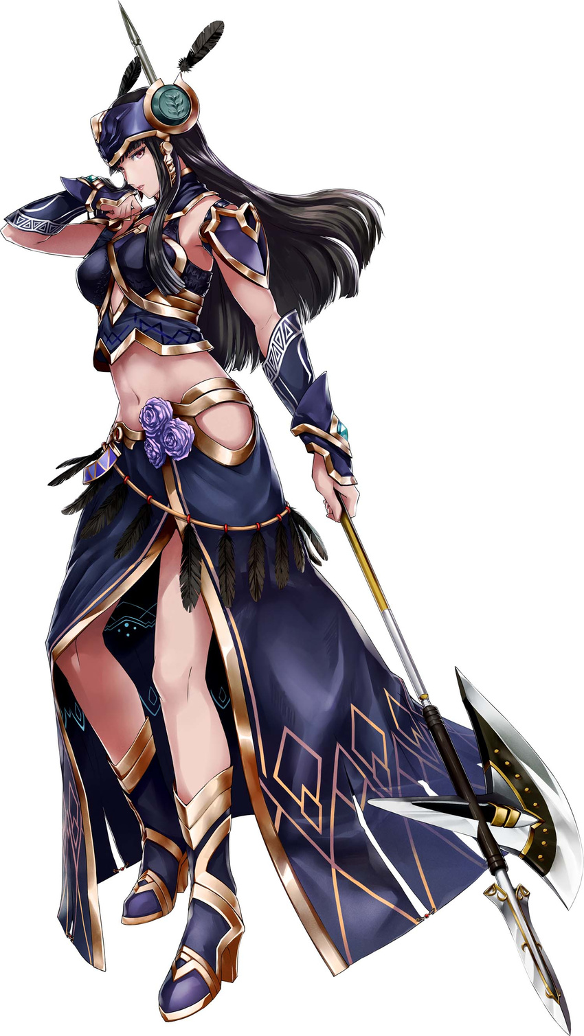 absurdres armor bikini_armor black_hair boots breastplate feathers full_body halberd helmet highres holding holding_weapon hrist_valkyrie long_hair looking_at_viewer navel official_art parted_lips polearm red_eyes shoulder_armor shoulder_pads simple_background solo standing valkyrie_profile valkyrie_profile_anatomia weapon white_background