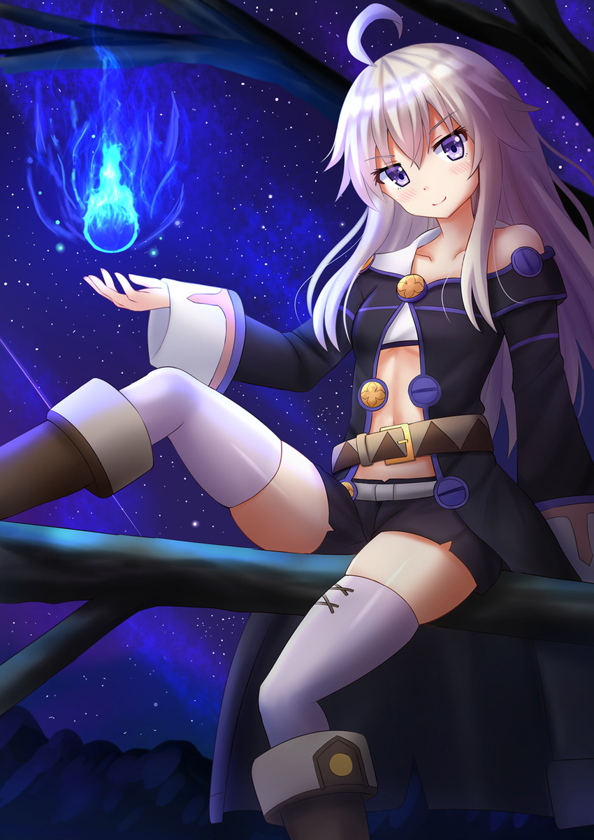 ahoge collarbone highres kazenokaze long_hair looking_at_viewer navel night night_sky purple_eyes short_shorts shorts silver_hair sitting sky smile solo star_(sky) starry_sky thighhighs tree_branch white_legwear zero_(zero_kara_hajimeru_mahou_no_sho) zero_kara_hajimeru_mahou_no_sho