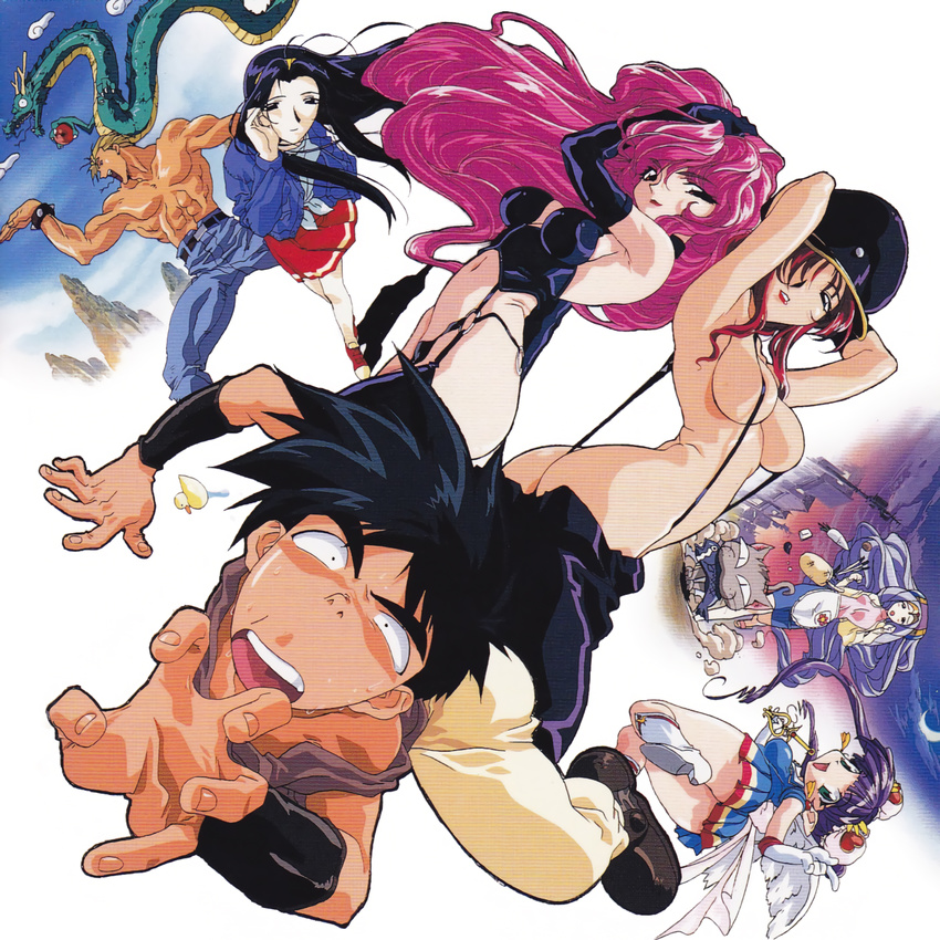 5girls 90s apron aqua_eyes arms_up ass bakuretsu_hunters black_hair bondage_outfit boots breasts carrot_glace chocolate_misu constricted_pupils crossdressing daughter_(bakuretsu_hunters) double_bun dragon floating_hair garter_straps gateau_mocha gotou_keiji hair_between_eyes hand_on_head hat highres kanure_stella large_breasts lipstick long_hair looking_at_viewer makeup marron_glace medium_breasts multiple_boys multiple_girls muscle naked_suspenders o-ring official_art open_mouth peaked_cap pleated_skirt pose purple_hair red_hair short_hair skirt strap_gap suspenders sweat thighhighs tira_misu twisted_torso waist_apron