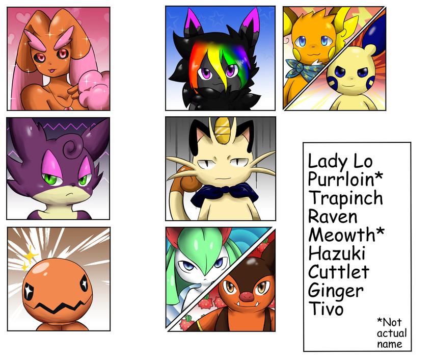 2017 alternate_color black_fur blue_eyes brown_eyes brown_fur digital_media_(artwork) eevee english_text fan_character feline female feral fur green_eyes green_hair group hair hi_res humanoid kirlia lady_lo lagomorph looking_at_viewer lopunny male mammal minun multicolored_fur nintendo open_mouth pignite pink_eyes pok&eacute;mon porcine raichu raven_eevee raveneevee rodent shiny_pok&eacute;mon simple_background smile text tongue trapinch video_games