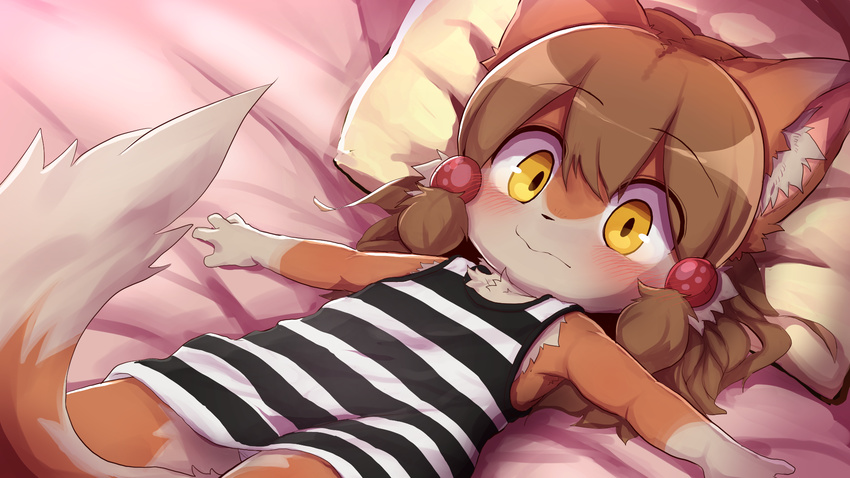 2017 anthro bed blush brown_fur brown_hair canine clothed clothing cub dagasi fox fur girly hair lying male mammal on_back perro-kun pillow solo white_fur yellow_eyes young