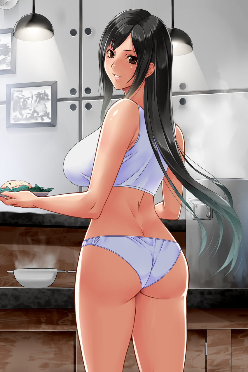ass back bangs bare_arms black_hair breasts brown_eyes butt_crack cooking counter cowboy_shot day eyelashes final_fantasy final_fantasy_vii fingernails food fried_rice from_behind highres holding holding_plate indoors kitchen lamp large_breasts long_fingernails long_hair looking_at_viewer looking_back original panties parted_lips picture_frame plate rice sidelocks smile solo sports_bra standing steam stove suuitchi teeth thighs tifa_lockhart underwear underwear_only wall white_panties