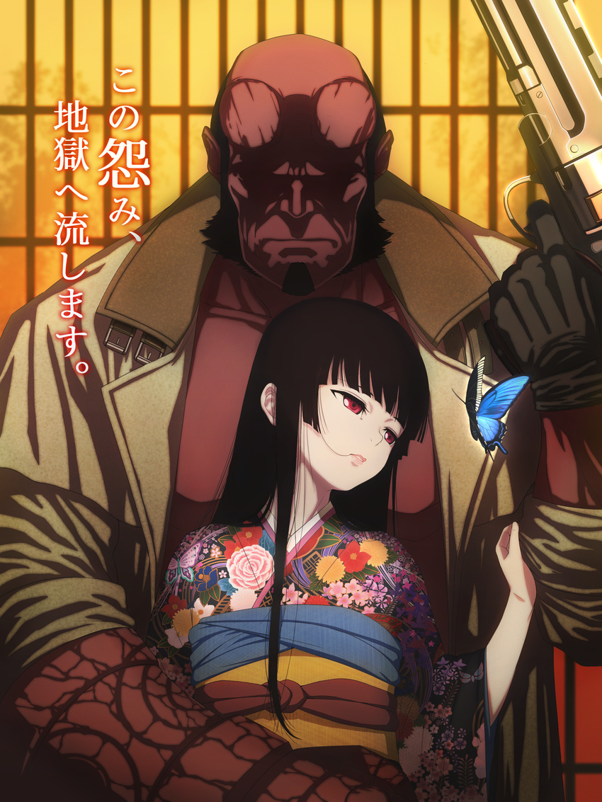 1girl absurdres bajima_shouhei black_hair blue_butterfly bug butterfly crossover demon_boy enma_ai gloves gun handgun hellboy hellboy_(comic) highres insect jacket japanese_clothes jigoku_shoujo long_hair md5_mismatch red_skirt revolver skirt translation_request weapon