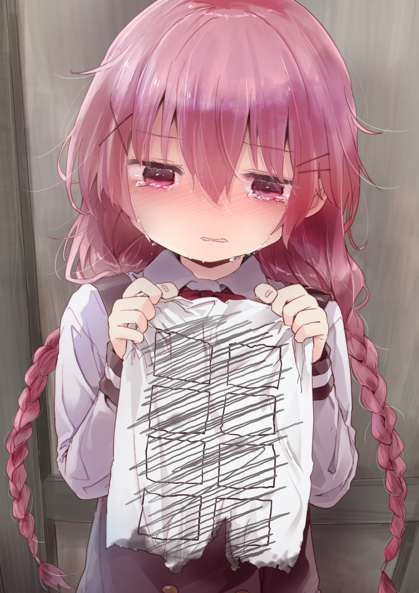 1girl bangs braid comic_girls commentary_request cover cover_page crying crying_with_eyes_open eyebrows_visible_through_hair hair_between_eyes hair_ornament hairclip highres holding holding_paper kuroba_u long_hair long_sleeves low_twintails moeta_kaoruko paper pink_hair red_eyes shirt solo tears twin_braids twintails white_shirt x_hair_ornament