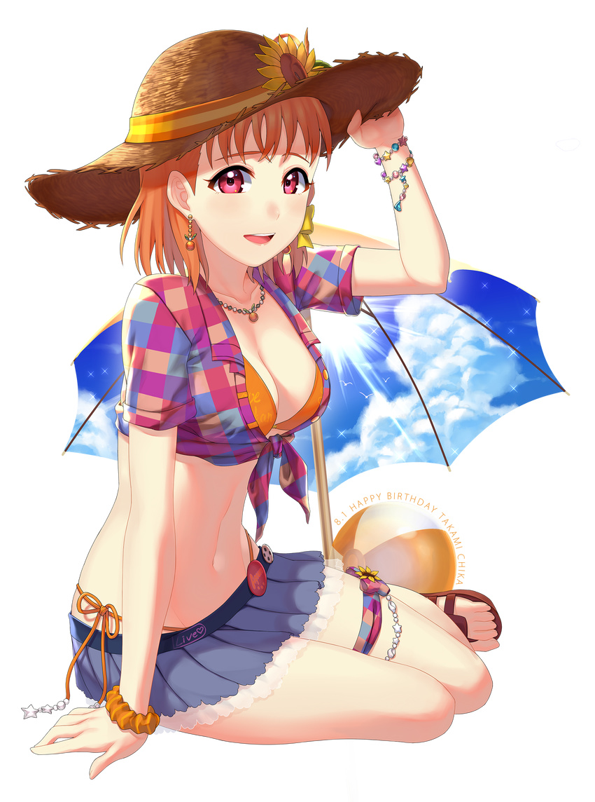 absurdres ball bangs beachball bikini bikini_skirt birthday bow bracelet braid breasts character_name chu_kai_man cleavage dated earrings english flower food_themed_earrings front-tie_top hair_bow hand_on_headwear happy_birthday hat hat_flower highres jewelry looking_at_viewer love_live! love_live!_school_idol_festival love_live!_sunshine!! medium_breasts midriff navel necklace open_mouth orange_earrings orange_hair orange_scrunchie red_eyes ribbon sandals scrunchie shirt short_sleeves side_braid sitting solo straw_hat swimsuit takami_chika thighlet tied_shirt transparent_background umbrella wrist_scrunchie yellow_bow yellow_ribbon
