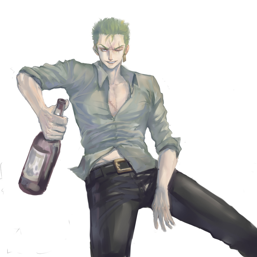 &gt;:) ;) absurdres arm_rest arm_up belt belt_buckle bottle buckle chest collarbone collared_shirt cowboy_shot earrings green_hair grey_eyes grin half-closed_eye hand_rest highres holding holding_bottle jewelry leaning_back male_focus midriff_peek one_eye_closed one_piece pants partially_unbuttoned roronoa_zoro scar scar_across_eye shirt simple_background sitting sleeves_rolled_up smile solo stomach v-shaped_eyebrows white_background wing_collar wu_ben_you_ai