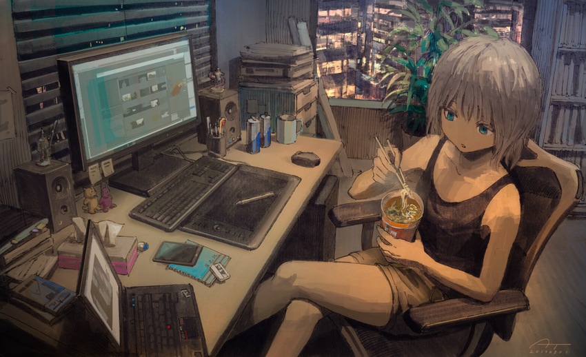 2017 apartment bangs bare_arms bare_shoulders black_tank_top blinds blue_eyes bookshelf brown_legwear building cable can cellphone chair chopsticks coffee_mug collarbone commentary computer computer_tower crossed_legs cup cup_ramen dated desk drawer eating energy_drink eraser figure food highres holding holding_chopsticks holding_cup keyboard_(computer) laptop monitor mouse_(computer) mug no_nose noodles notebook office_chair open_mouth original pen_holder phone plant potted_plant ramen short_hair shorts signature sitting smartphone soda_can speaker steam sticky_note stylus tablet tank_top tape thinkpad tissue_box tokunaga_akimasa white_hair window