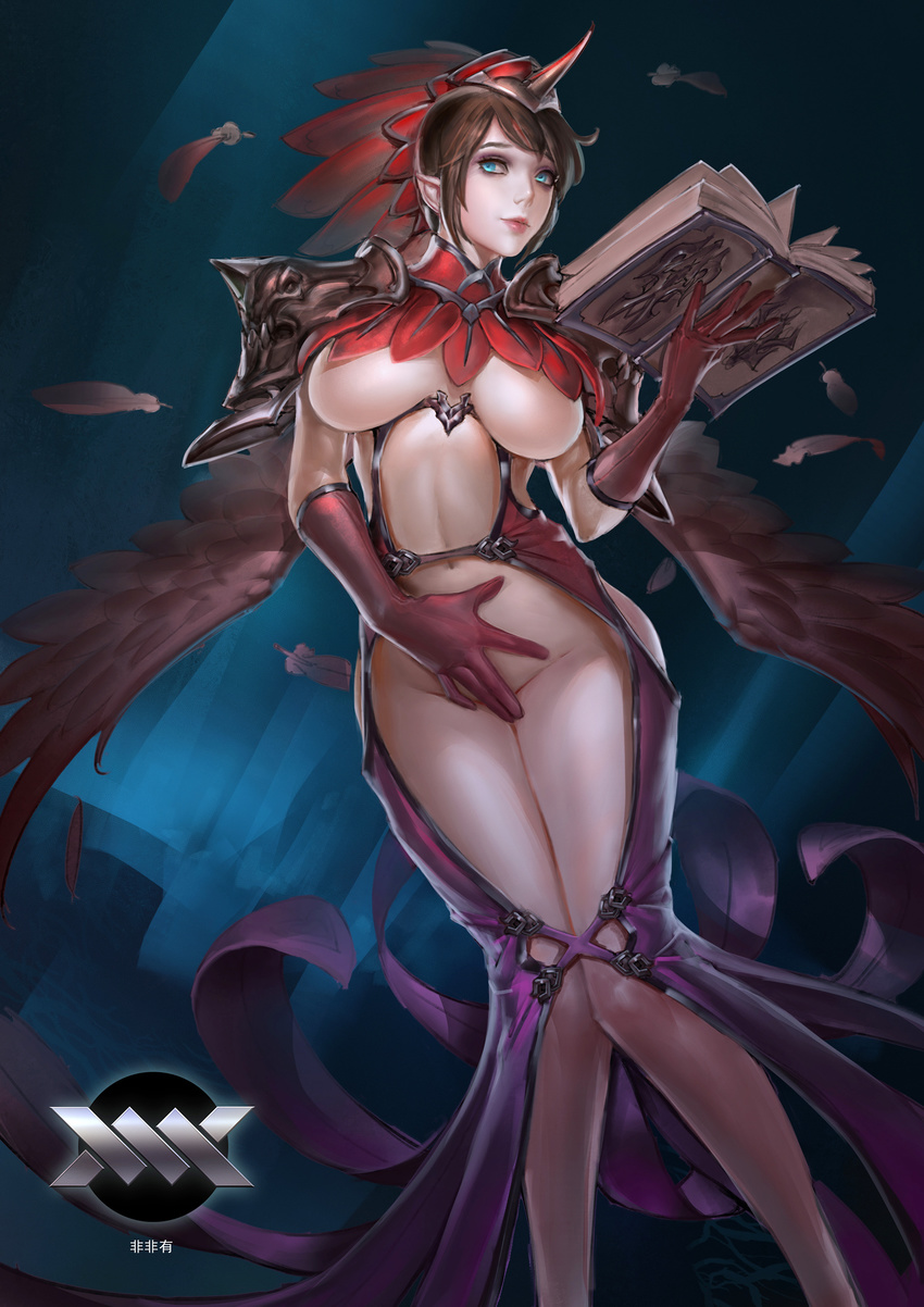 1girl artist_name bangs blue_eyes book breasts_apart brown_hair covering_crotch dress feathers functionally_nude gloves headdress knees_together_feet_apart kww868 large_breasts long_gloves looking_at_viewer navel no_bra no_panties pointy_ears purple_gloves solo standing underboob wings