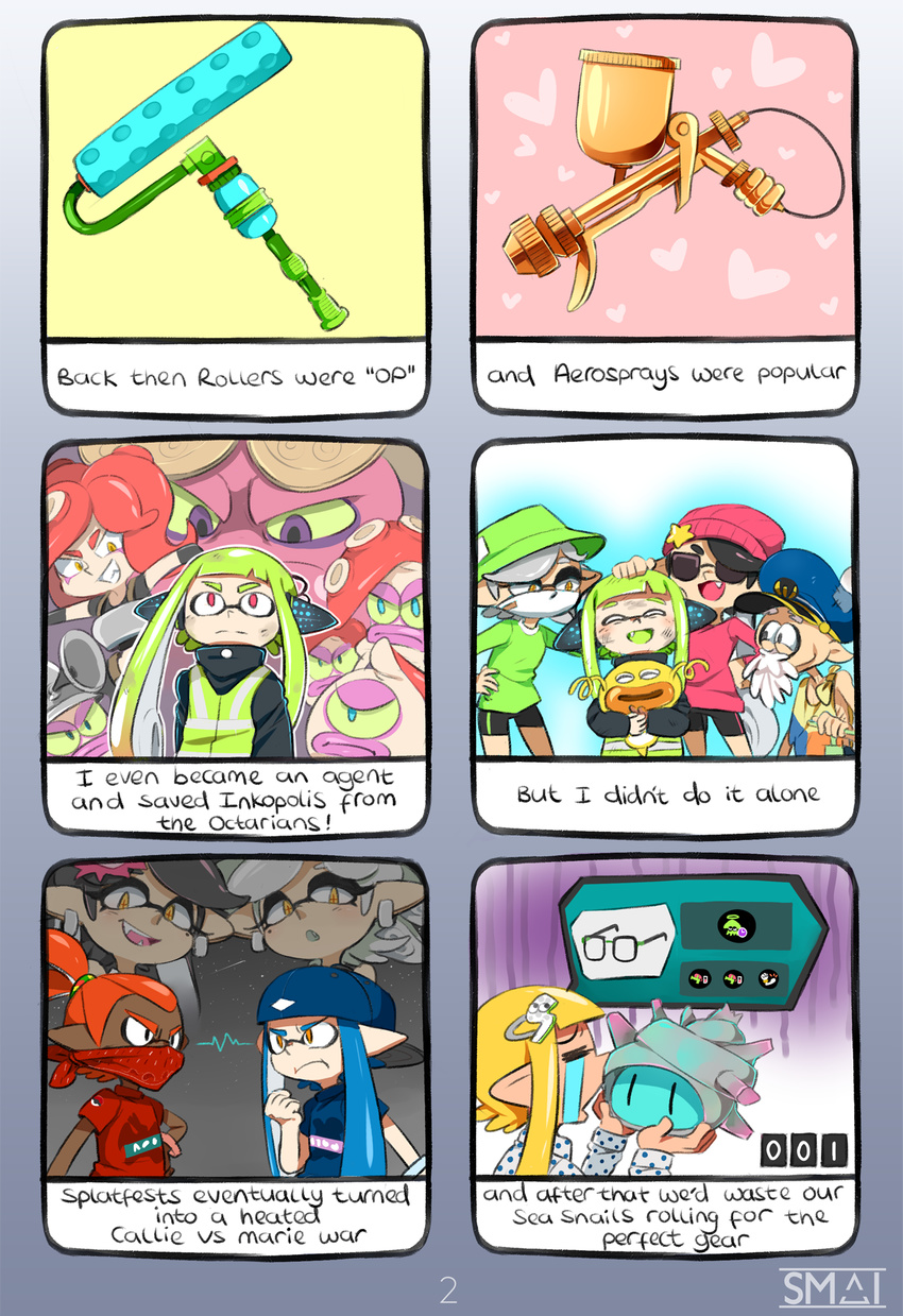 3d_rod! 6+girls aerospray_(splatoon) aori_(splatoon) backwards_hat beard bike_shorts black_hair black_shirt black_shorts blue_hat blue_shirt brown_eyes closed_mouth comic commander_atarime crying dj_takowasa domino_mask earrings english face_mask facial_hair fang food food_on_head frown gameplay_mechanics glasses green_hair green_hat green_shirt grey_hair grin hair_ornament hand_on_another's_head hand_on_hip hat headgear heart highres holding hotaru_(splatoon) inkling jewelry long_sleeves mask mole mole_under_eye multiple_boys multiple_girls object_on_head octarian octoball octoling octotrooper open_mouth peaked_cap pointy_ears polka_dot polka_dot_shirt purple_hat purple_shirt red_hair red_shirt scrunchie shirt short_sleeves shorts single_vertical_stripe smile splat_roller_(splatoon) splatoon_(series) splatoon_1 squidbeak_splatoon star_hat_ornament sunglasses super_sea_snail t-shirt takozonesu tentacle_hair topknot turtleneck vest weapon white_shirt yellow_eyes yellow_vest